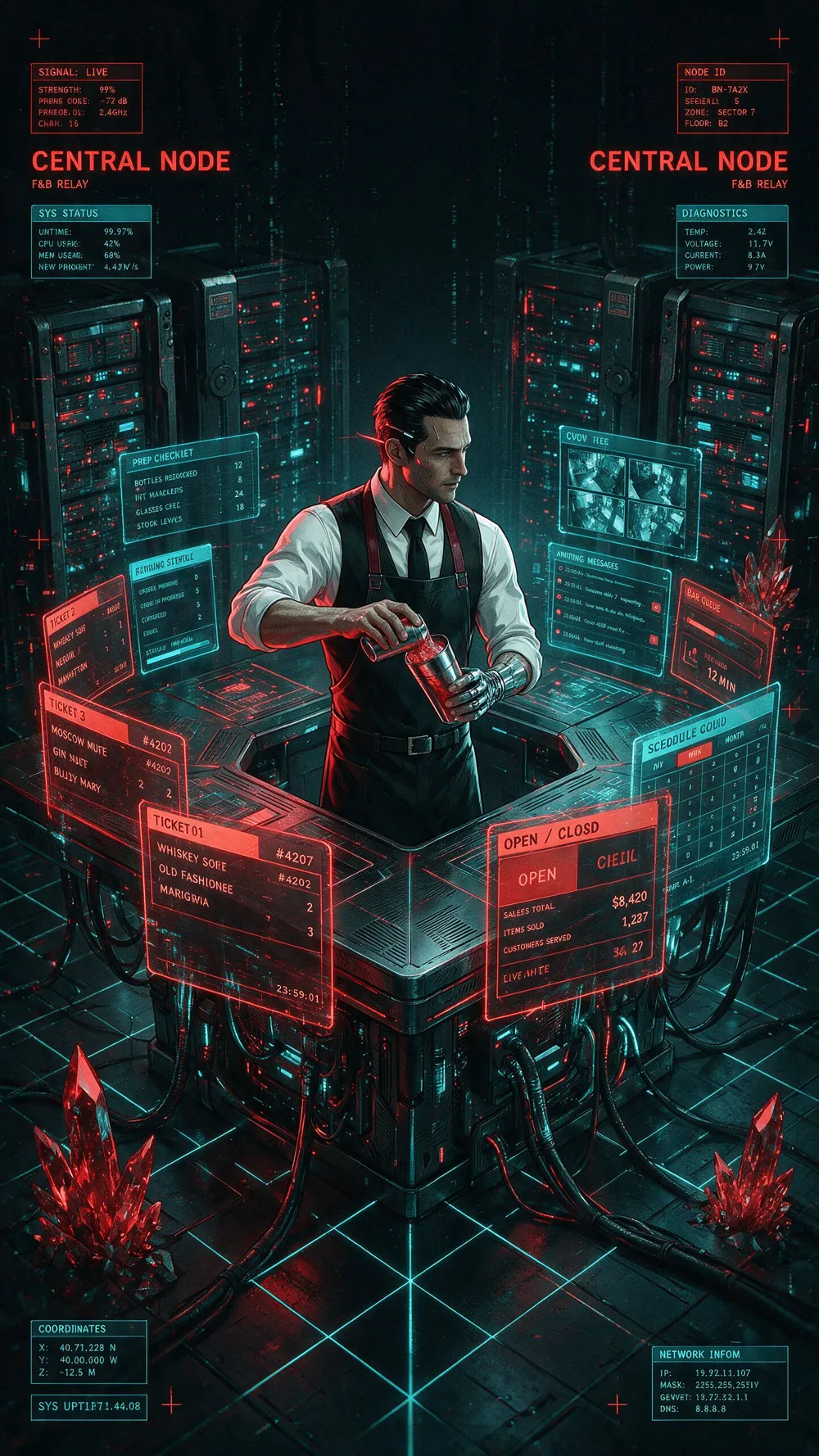 AI DARTS bar as a cyberpunk central data node: a bartender surrounded by holographic order, kitchen and open/closed panels