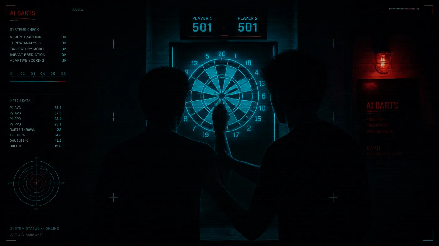 AI DARTS 情侶約會情境，兩人靠近電子飛鏢機台一起投鏢互動