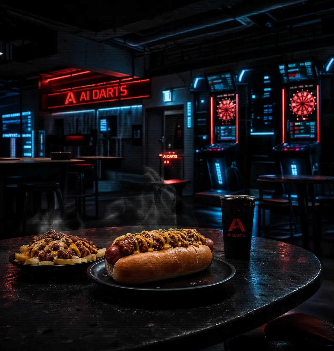 可以吃飯的飛鏢酒吧：AI DARTS 桌上擺著 chili 熱狗、薯條跟飲料，背景是發光的飛鏢機台