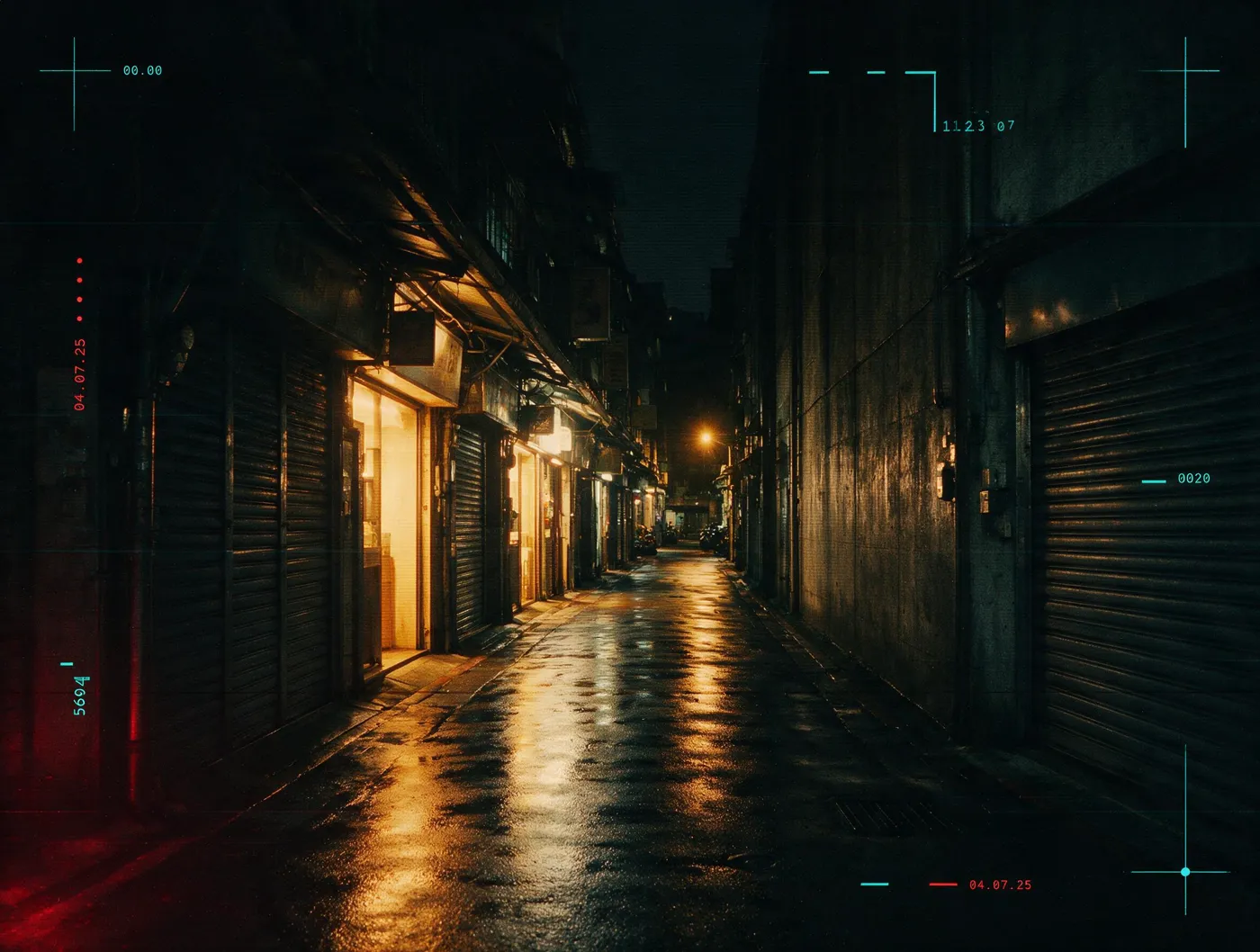 台北東區巷弄夜景：老式鐵捲門店面透出暖黃燈光，濕漉漉的柏油路面反射燈影