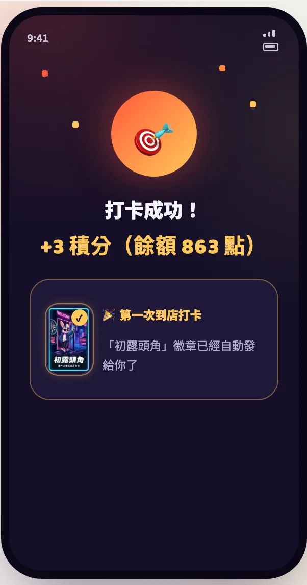 打卡成功畫面：加 3 點積分，第一次到店同時發給初露頭角徽章